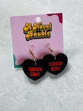 Load image into Gallery viewer, Horror Girly Black Heart Earrings | Spooky Bookish Jewelry for Horror Readers
