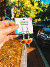 Load image into Gallery viewer, Silver Sword Red Eye Earrings | Epic Fantasy Battle Bookish Jewelry
