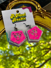 Load image into Gallery viewer, Pearlescent Logo Earrings | Hot Pink Lion Acrylic Pop Culture Jewelry

