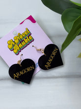 Load image into Gallery viewer, Epic Fantasy Ranger Earrings | Black Heart Gold Text Kingdom Jewelry
