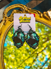Load image into Gallery viewer, Vampire Scent Reaction Earrings | Black Silver Ornate Frame Bookish Jewelry
