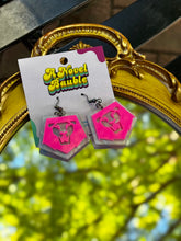 Load image into Gallery viewer, Pearlescent Logo Earrings | Hot Pink Lion Acrylic Pop Culture Jewelry
