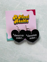 Load image into Gallery viewer, Romantasy Reader Black Heart Earrings | Bookish Jewelry for Fantasy Romance Fans
