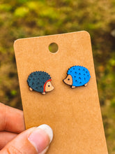 Load image into Gallery viewer, Speedy Hedgehog Earrings | Hand-Painted Wooden Gamer Stud Jewelry
