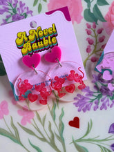 Load image into Gallery viewer, Mice in Love Earrings | Clear Circle Engraved Mouse Couple Valentine's Jewelry
