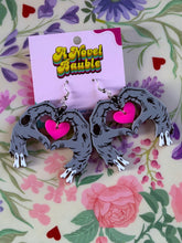 Load image into Gallery viewer, Zombies in Love Earrings | Zombie Hand Heart Hot Pink Valentine's Jewelry

