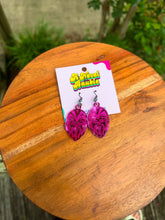 Load image into Gallery viewer, Fuzzy Co-Pilot Earrings | Gold &amp; Pink Mirror Acrylic Sci-Fi Drop Earrings
