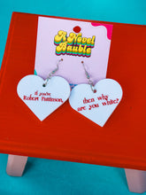 Load image into Gallery viewer, Why Are You White Earrings | Funny Vampire Romance Meme Jewelry
