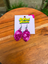 Load image into Gallery viewer, Fuzzy Co-Pilot Earrings | Gold &amp; Pink Mirror Acrylic Sci-Fi Drop Earrings
