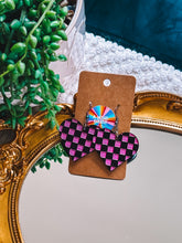 Load image into Gallery viewer, Checkered Heart Earrings | Hand-Painted Acrylic Pop Culture Jewelry
