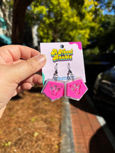 Load image into Gallery viewer, Pearlescent Logo Earrings | Hot Pink Lion Acrylic Pop Culture Jewelry
