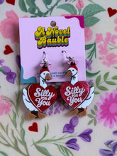 Load image into Gallery viewer, Silly for You Goose Earrings | White Geese Red Heart Valentine's Jewelry

