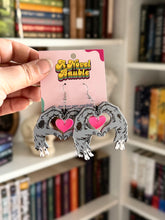 Load image into Gallery viewer, Zombies in Love Earrings | Zombie Hand Heart Hot Pink Valentine's Jewelry
