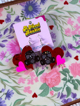 Load image into Gallery viewer, Love is in the Air Earrings | Gas Mask Red Mirror Heart Valentine's Jewelry
