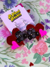 Load image into Gallery viewer, Love is in the Air Earrings | Gas Mask Red Mirror Heart Valentine's Jewelry
