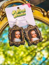 Load image into Gallery viewer, Goofy Baby Vampire Earrings | Wooden Ornate Frame, Funny Bookish Jewelry

