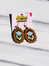 Load image into Gallery viewer, Framed Flower Earrings | White Daisy Cherry Wood Cottagecore Jewelry
