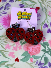 Load image into Gallery viewer, Love Bug Earrings | Heart Shell Ladybug Black Glitter Valentine's Jewelry
