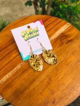 Load image into Gallery viewer, Fuzzy Co-Pilot Earrings | Gold &amp; Pink Mirror Acrylic Sci-Fi Drop Earrings

