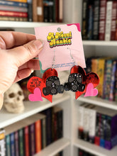 Load image into Gallery viewer, Love is in the Air Earrings | Gas Mask Red Mirror Heart Valentine's Jewelry

