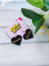 Load image into Gallery viewer, Epic Fantasy Ranger Earrings | Black Heart Gold Text Kingdom Jewelry
