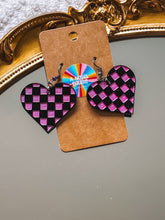 Load image into Gallery viewer, Checkered Heart Earrings | Hand-Painted Acrylic Pop Culture Jewelry
