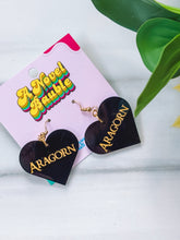 Load image into Gallery viewer, Epic Fantasy Ranger Earrings | Black Heart Gold Text Kingdom Jewelry
