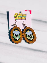 Load image into Gallery viewer, Framed Flower Earrings | White Daisy Cherry Wood Cottagecore Jewelry

