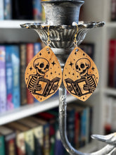 Load image into Gallery viewer, Skeleton Reading Earrings | Wooden Bookish Literary Jewelry
