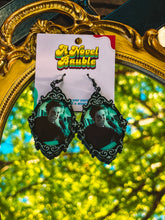 Load image into Gallery viewer, Vampire Scent Reaction Earrings | Black Silver Ornate Frame Bookish Jewelry
